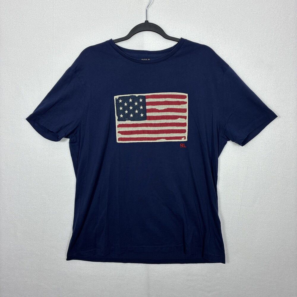Polo Ralph Lauren Mens L Navy Blue American Flag Patch T-Shirt Distressed RL